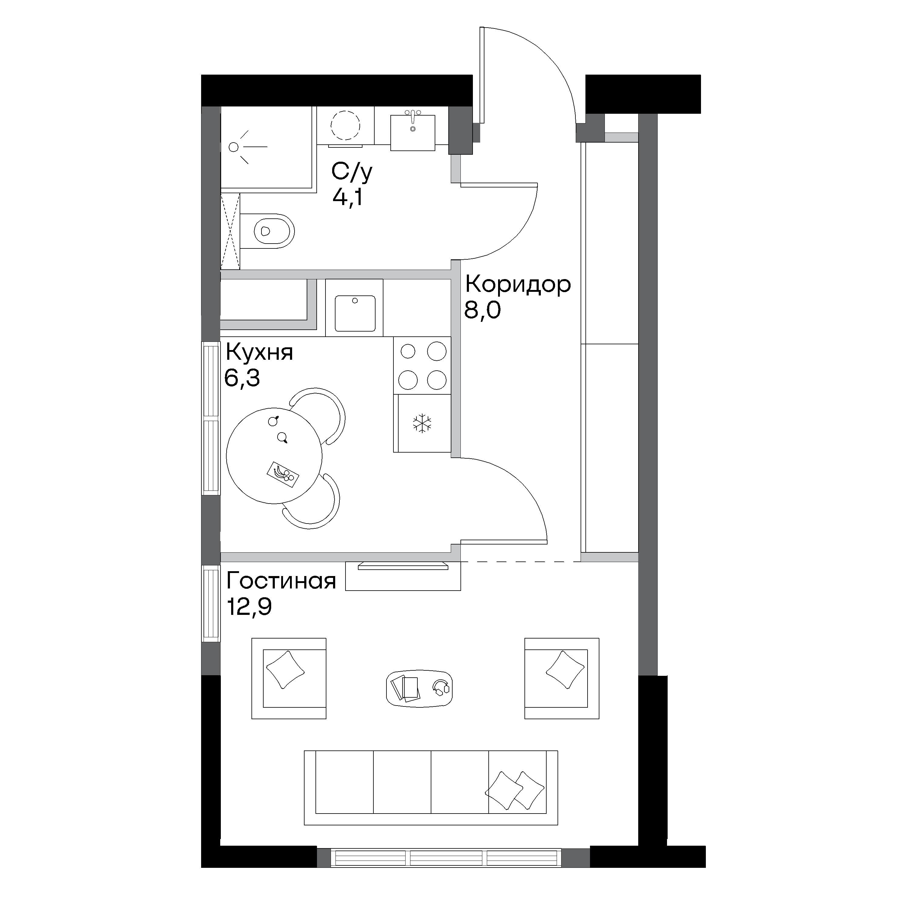 Планировка 1-комнатная 32.3 м²