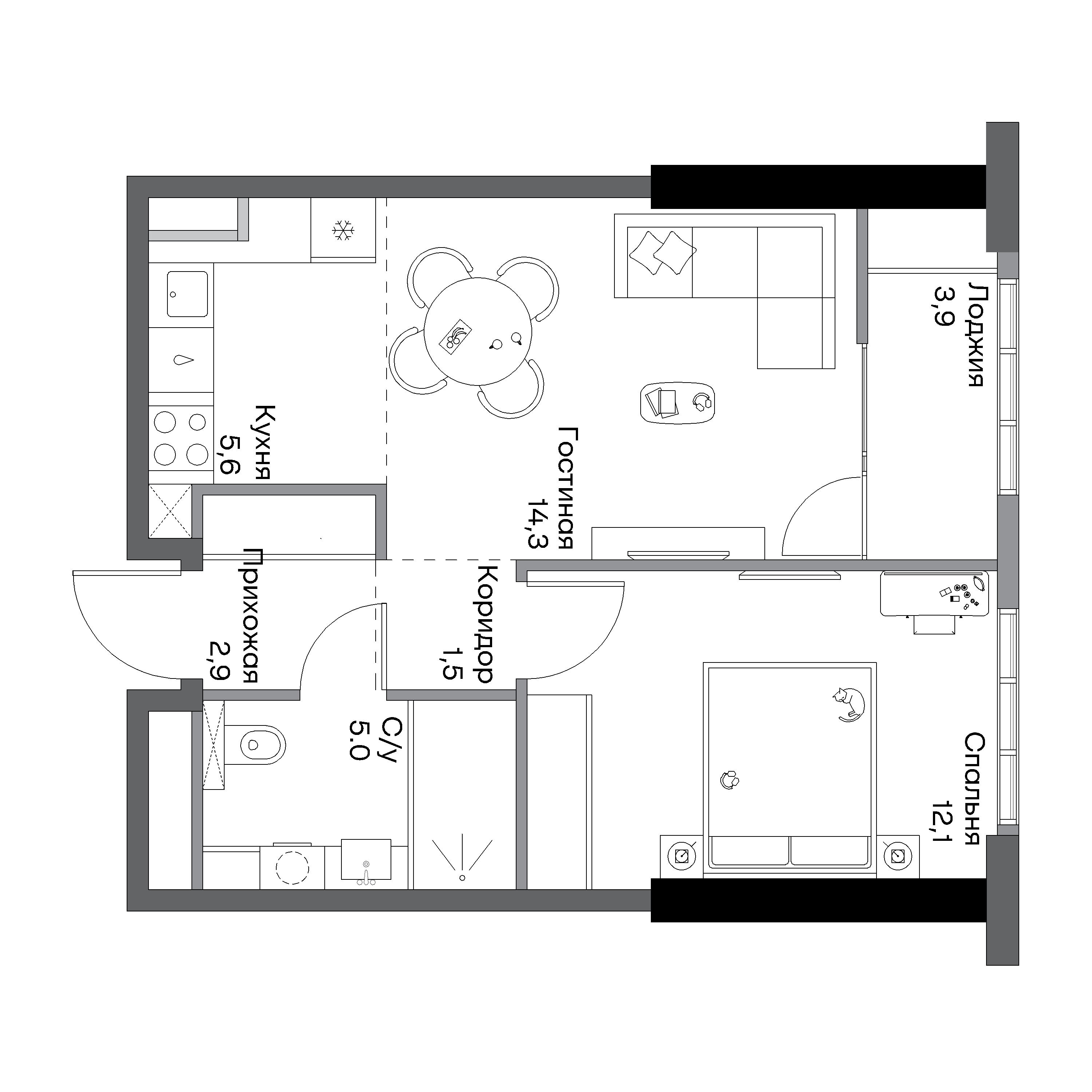 Планировка 2-комнатная 47.2 м²