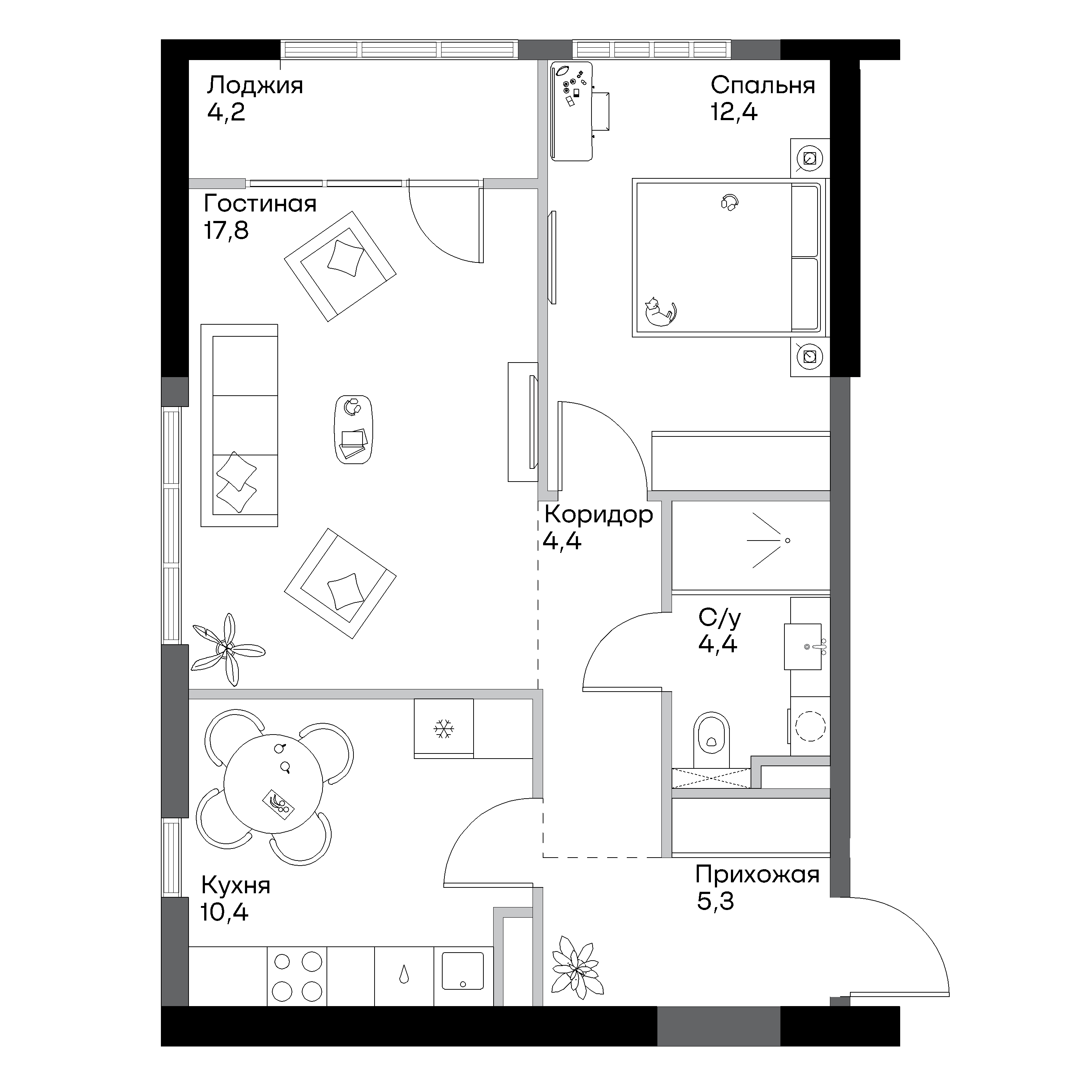 Планировка 2-комнатная 61.4 м²