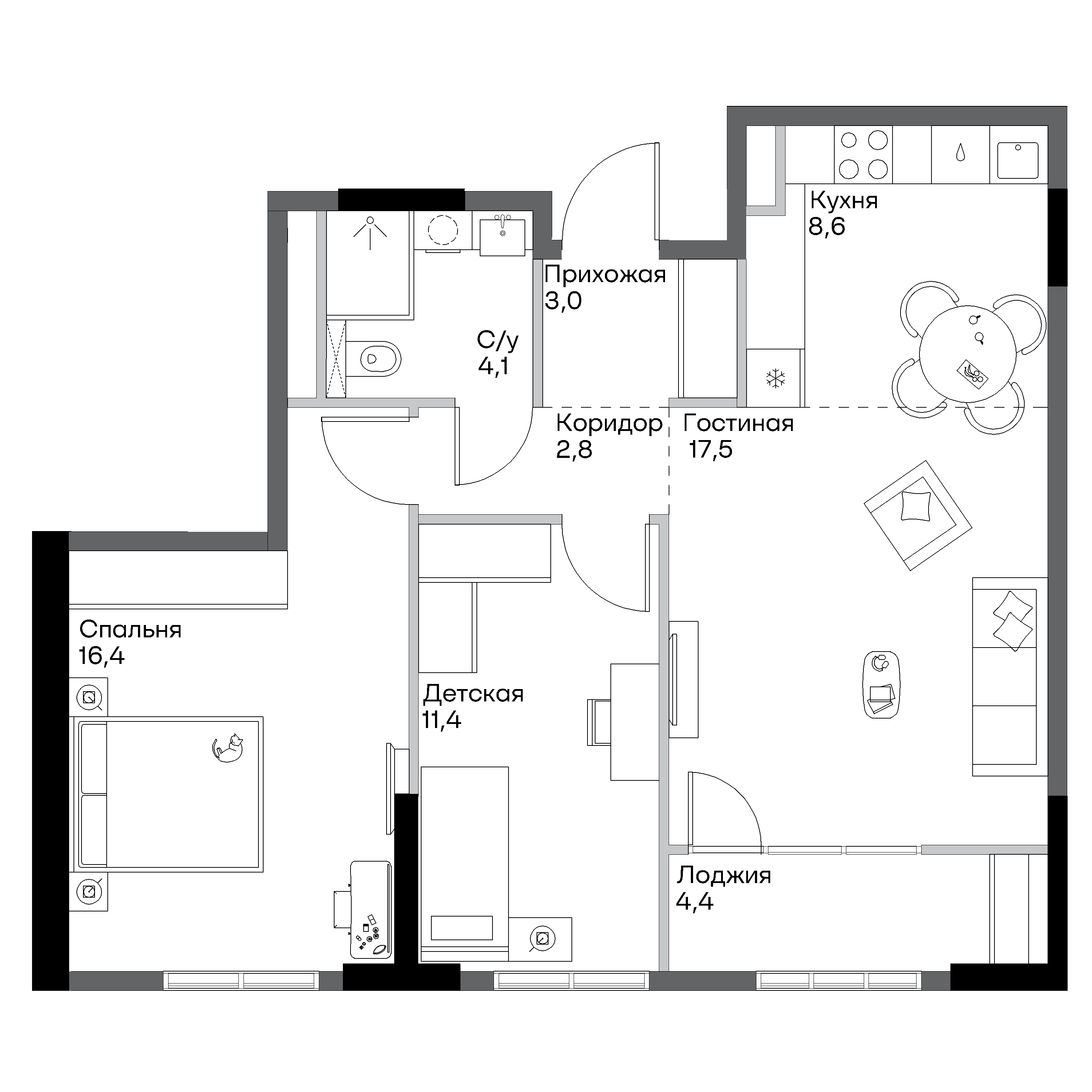 Планировка 3-комнатная 70.5 м²