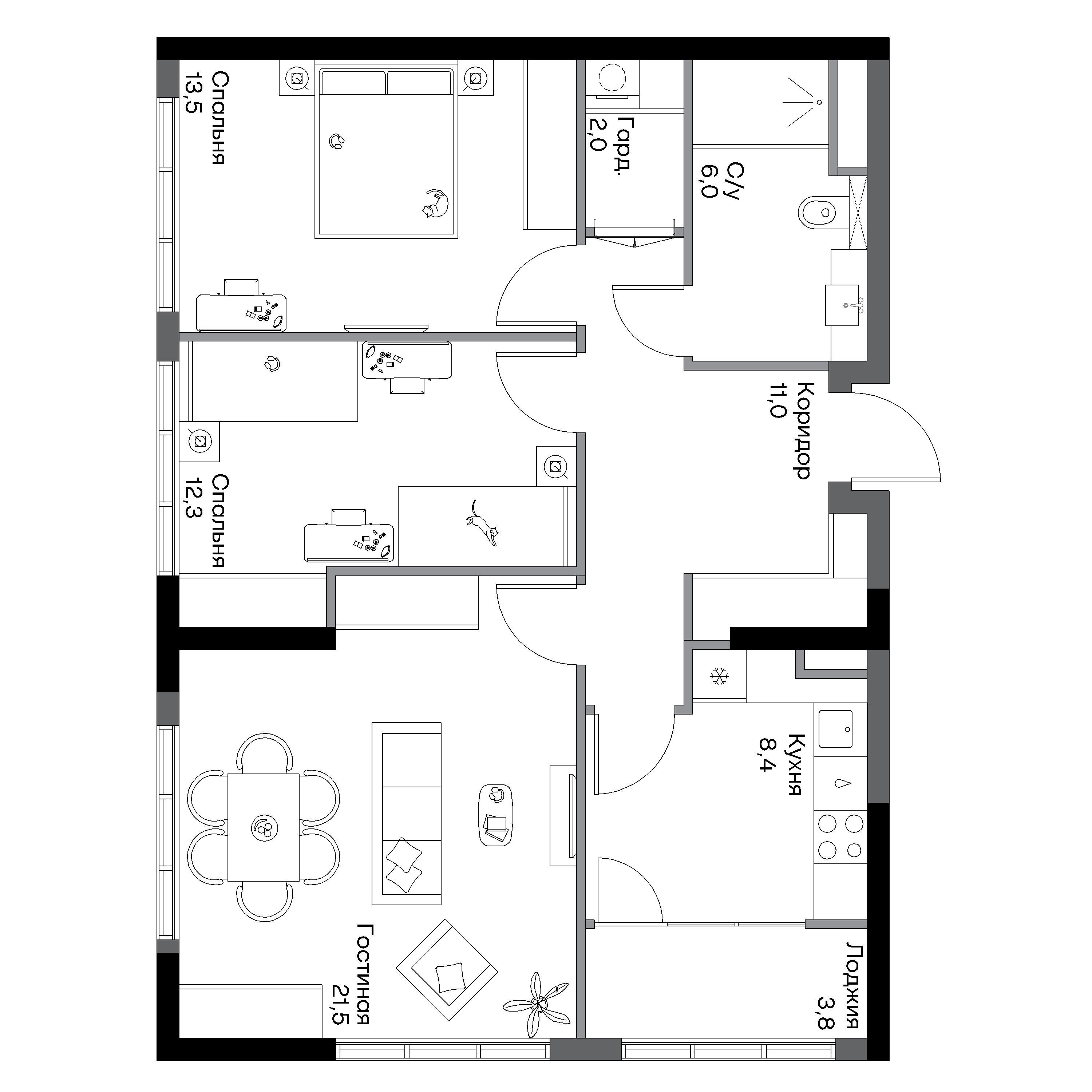 Планировка 3-комнатная 82.2 м²